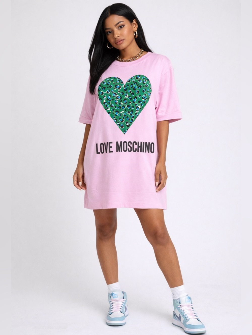Love Moschino Pink Tee Dress Tunic with Green Heart Print size 4 S